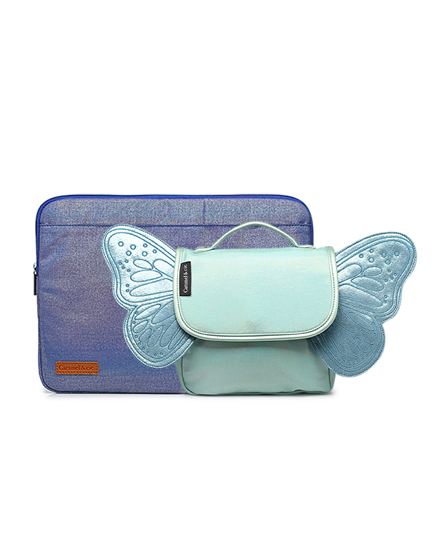 Set Iridescent navy computer case + Iridescent blue butterfly bag Kit