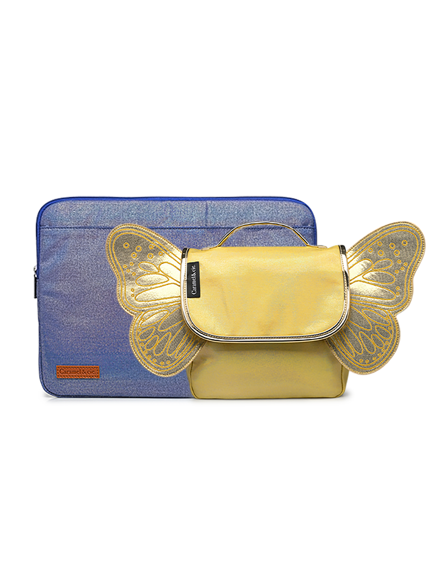 Iridescent navy computer case + Iridescent Yellow butterfly bag Kit