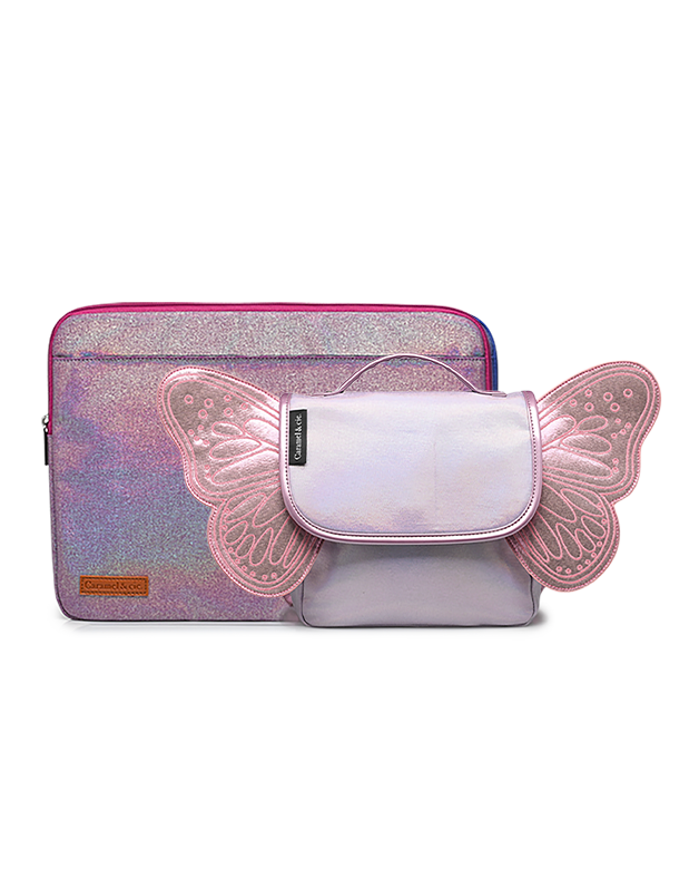 Kit Housse d'ordinateur irisé Violet + Sac papillon Irisé Rose