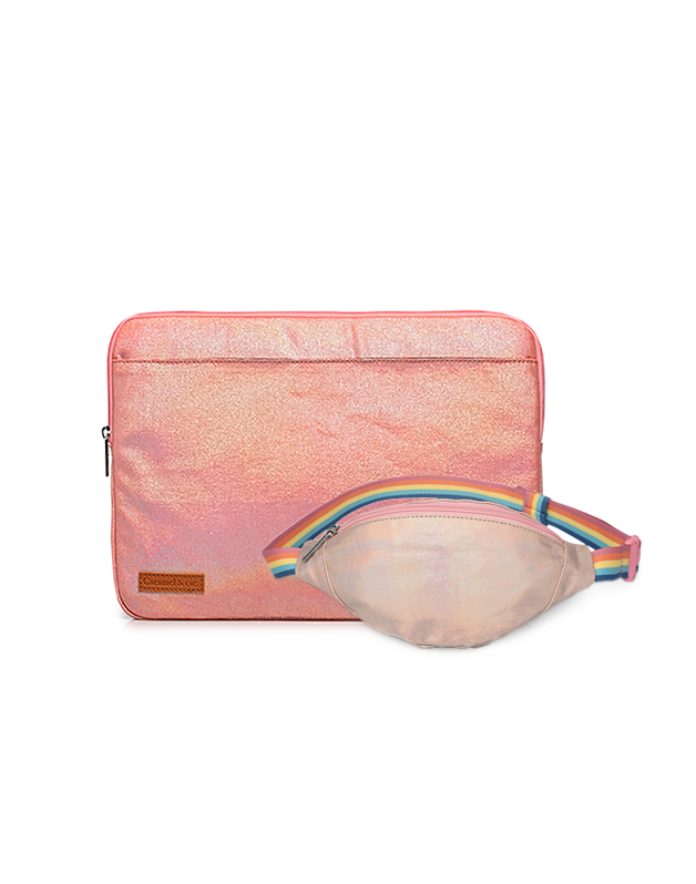 Kit Housse d'ordinateur irisé Corail + Sac banane Irisé Rose