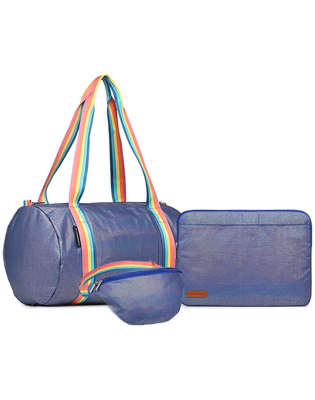 Iridescent navy computer case + Iridescent Navy banana bag Woman + Iridescent Navy Duffel bag Kit